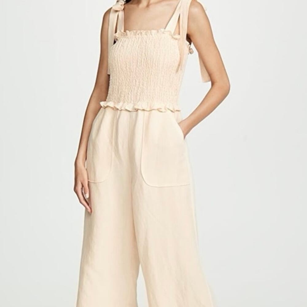 Rebecca Taylor Linen Blend Smocked Cropped Jumpsuit Womenโs Large* Cream FLAW